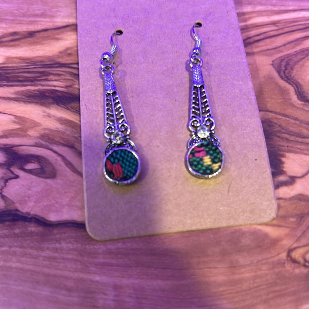 NEW Earrings, Silver with Green, Orange and yellow design, 2” - Picture 2 of 7